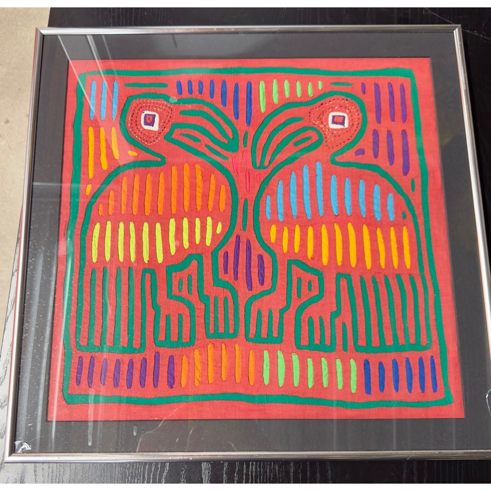 Kuna Mola Textile Art Framed Vintage Panama Folk Art Birds Reverse Appliqué Fair